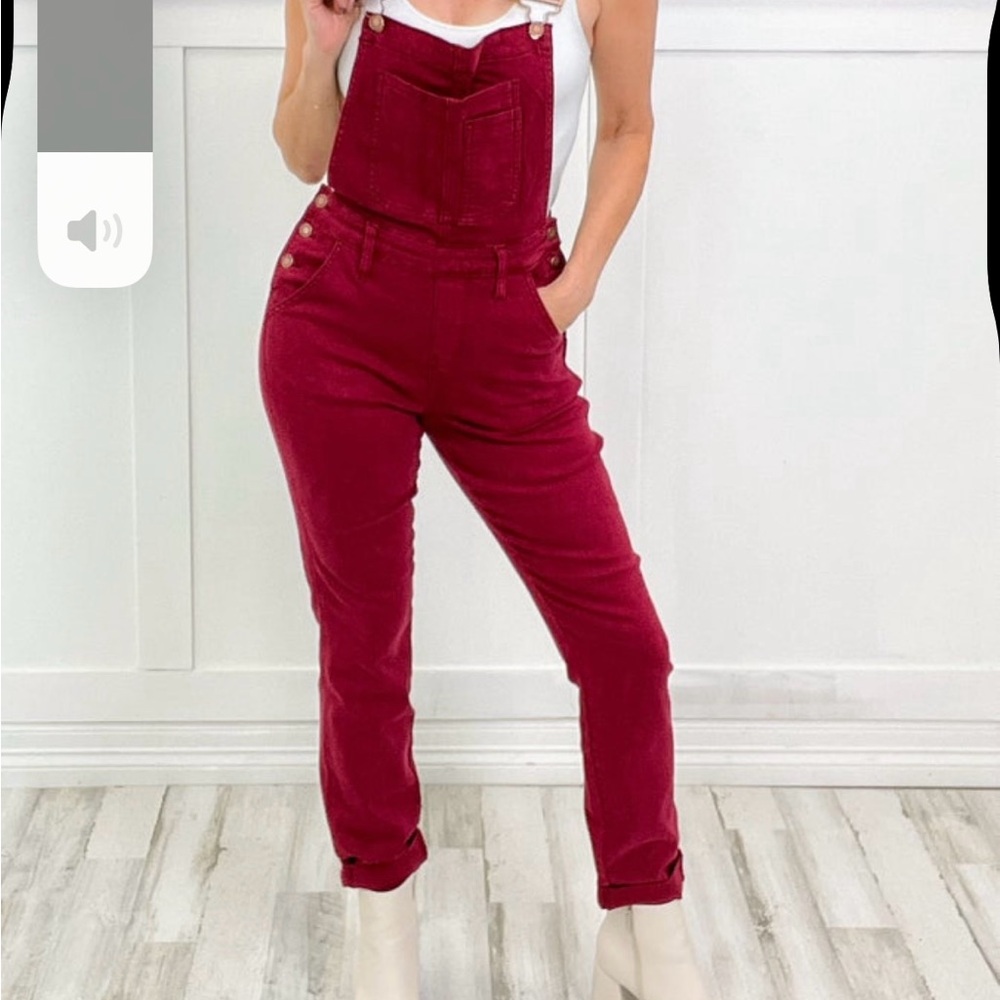 Judy Blue High Waist Garment Dyed Double Cuff Denim Overall in Maroon